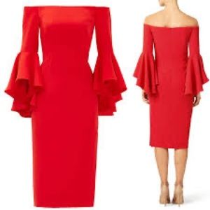 Bisou Bisou Red Fitted Dress Off Shoulder with Bell Sleeves